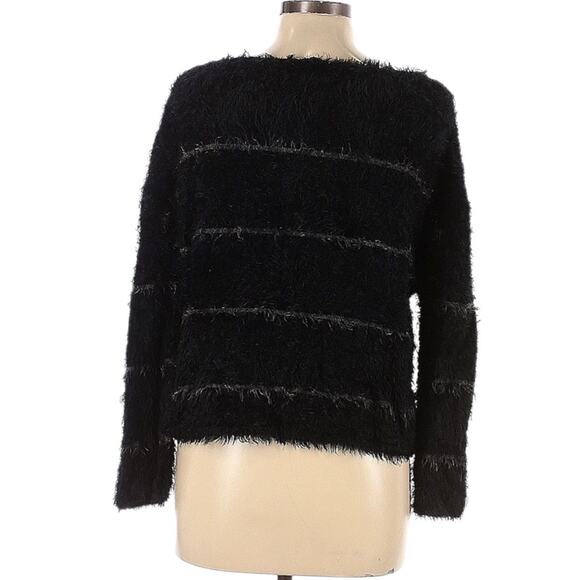 Rusty Eyelash Sweater Black Striped Fuzzy Knit Crew Neck Cropped Women's 10 - Picture 2 of 11